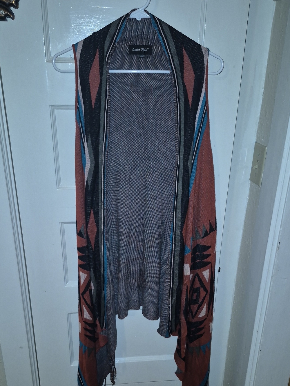 Charlie Paige Rust, Teal & Black Aztec Open-Front Knit Vest